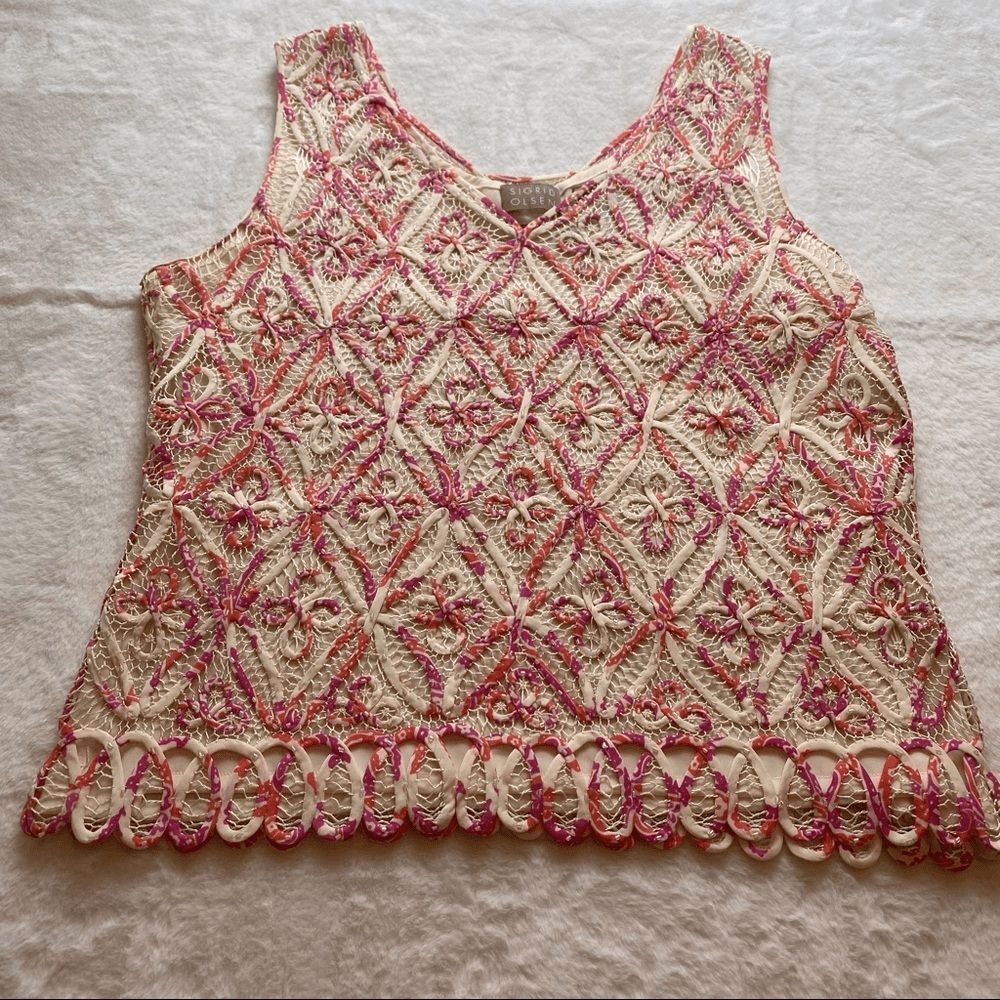 Vintage 2003 Sigrid Olsen Silk Beaded Sequin Tank Top S Y2K Hand Knit